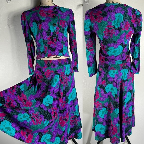 Vintage midi skirt jacket set dark moody floral print neon black purple pink S/M - Picture 6 of 16